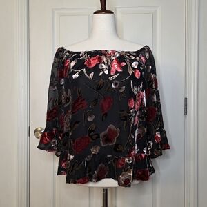 Isla Maude Black Sheer Rose Velvet Over the Shoulder Top